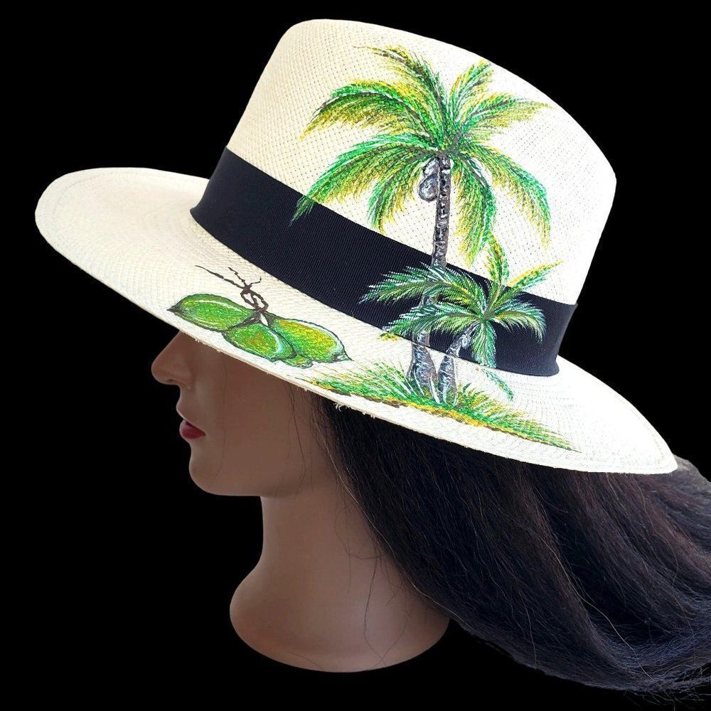 Panama Hat Medium Straw Woven Hand Painted Ecuador Beige NWOT